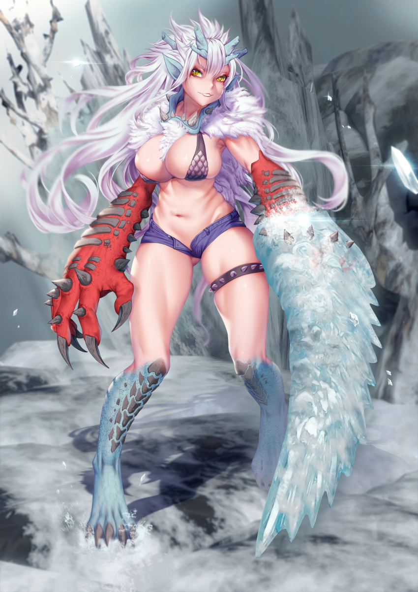 arm_blades big_breasts big_hands bikini bikini_top blue_body blue_bottomwear blue_clothing blue_horn blue_hotpants blue_scales blue_shorts bottomwear breasts capcom chest_tuft claws clothing digitigrade eyelashes female fur goss_harag grey_claws grey_clothing grey_topwear hair hi_res horn horned_humanoid hotpants humanoid humanoid_pointy_ears long_hair looking_at_viewer monster_hunter navel neck_tuft proudsoul red_body red_scales scales shorts skindentation smile solo swimwear thick_thighs topwear tuft white_body white_fur white_hair wide_hips yellow_eyes