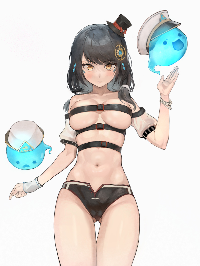 1girl ass_visible_through_thighs bad_id bad_pixiv_id bare_shoulders belt belt_bra bikini bikini_bottom_only black_bikini black_hair black_headwear breasts closed_mouth commission cowboy_shot detached_sleeves elsword eve_(2nas)_(elsword) eve_(elsword) facial_mark g9ls9e1byz9pz9g hair_ornament hair_over_shoulder hand_up hat highres hitodama long_hair looking_at_viewer low_twintails medium_breasts military_hat mini_hat mini_top_hat multiple_belts navel peaked_cap short_sleeves simple_background skindentation solo standing stomach swimsuit thigh_gap thighs top_hat twintails white_background wristband yellow_eyes