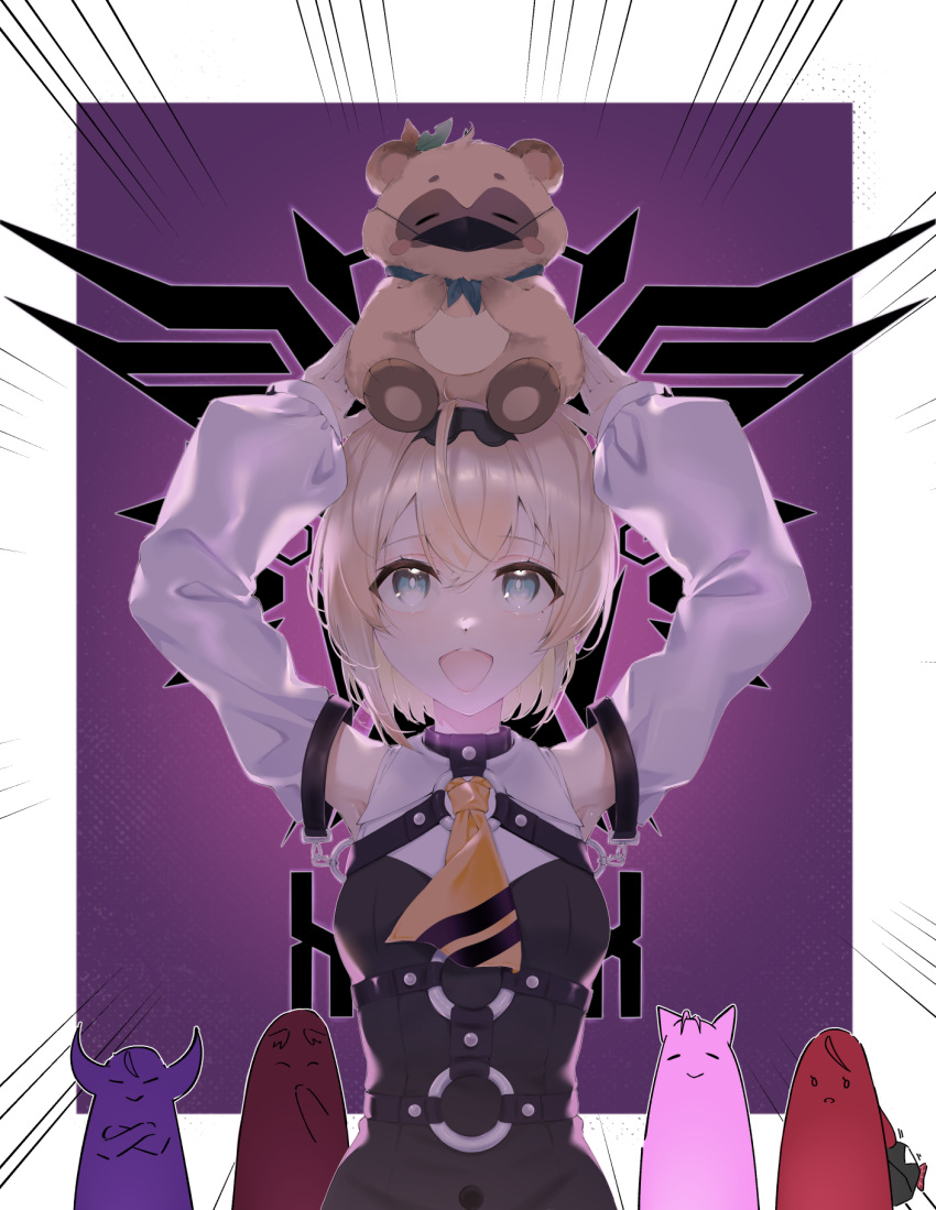 5girls ahoge animal_on_head aqua_eyes arms_up ascot blonde_hair cosplay crossed_arms detached_sleeves emphasis_lines hakui_koyori highres hololive holox kazama_iroha la+_darknesss la+_darknesss_(1st_costume) la+_darknesss_(cosplay) multiple_girls on_head pokobee purple_background sakamata_chloe smile takane_lui virtual_youtuber yellow_ascot yume1432