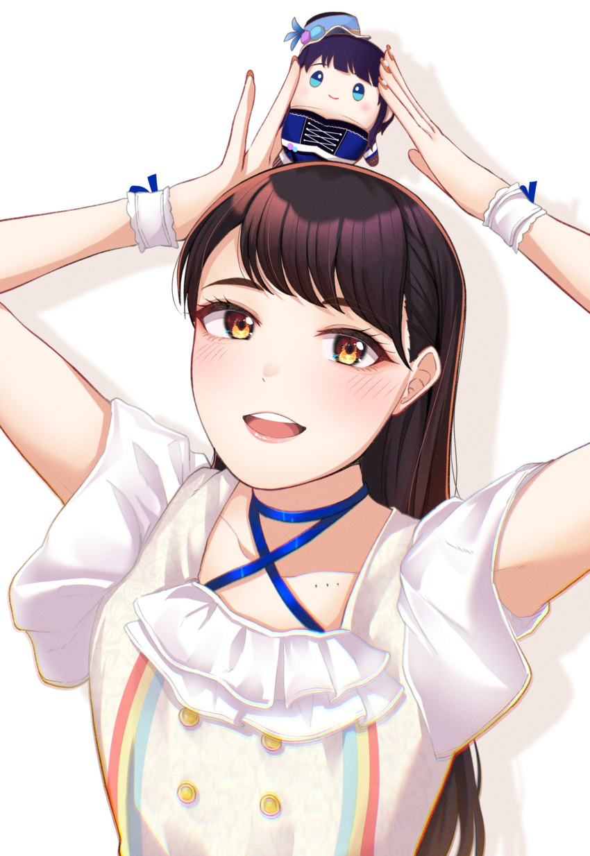 1girl absurdres asaka_karin black_hair blush character_doll collarbone commentary_request doll highres holding holding_doll kubota_miyu long_hair looking_at_viewer love_live! love_live!_nijigasaki_high_school_idol_club open_mouth real_life rrtp shadow shirt short_sleeves solo standing starlight_(love_live!) swept_bangs upper_body voice_actor voice_actor_connection white_background white_shirt wrist_cuffs yellow_eyes