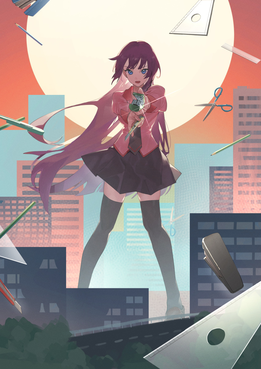 1girl absurdres ao_tsukushi bakemonogatari black_thighhighs blue_eyes blue_skirt boxcutter brown_footwear building full_body giant giantess highres holding juliet_sleeves legs lens_flare long_hair long_sleeves looking_at_viewer miniskirt monogatari_(series) naoetsu_high_school_uniform open_mouth orange_sky outstretched_arms pencil puffy_sleeves purple_hair ruler school_uniform scissors senjougahara_hitagi skindentation skirt sky solo standing stapler thighhighs v-shaped_eyebrows very_long_hair zettai_ryouiki