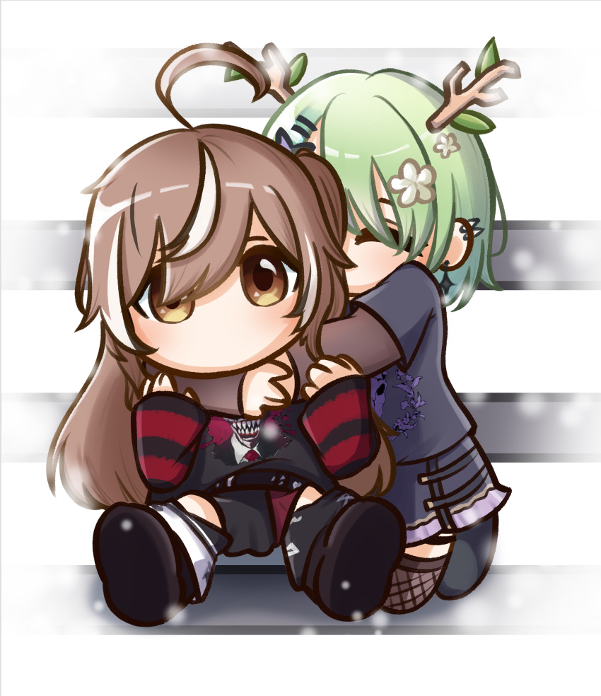 2girls ahoge antlers brown_eyes brown_hair ceres_fauna chibi commission derivative_work ear_piercing earrings fishnet_thighhighs fishnets flower green_hair hair_flower hair_ornament highres hololive hololive_english horns hug hug_from_behind jewelry moon_ldl multicolored_hair multiple_girls nanashi_mumei nanashi_mumei_(4th_costume) nightmare_(nanashi_mumei) piercing shirt streaked_hair striped_clothes striped_shirt thighhighs two-tone_hair virtual_youtuber white_hair