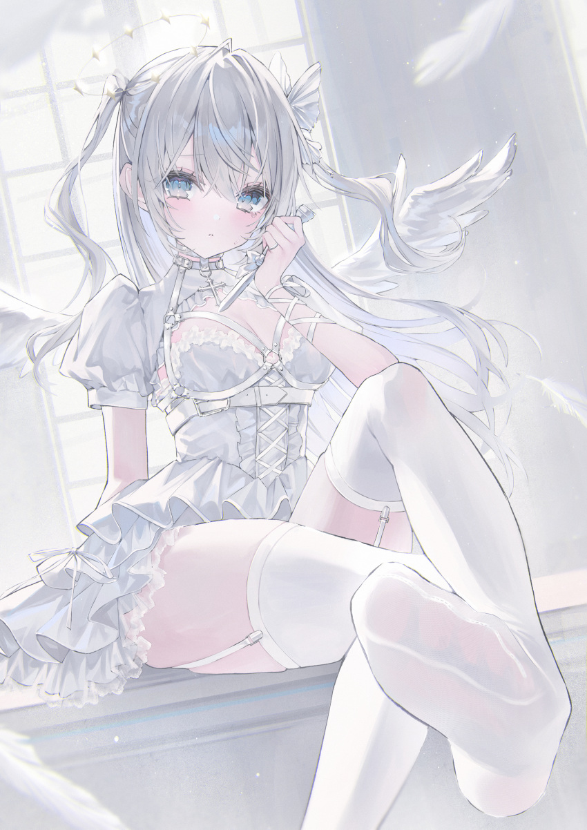 1girl absurdres angel angel_wings blue_eyes check_copyright choker copyright_request cross cross_necklace dagger dress dutch_angle feathers frilled_dress frills garter_belt garter_straps gradient_eyes grey_eyes grey_hair hair_between_eyes highres holding holding_dagger holding_knife holding_weapon jewelry knife multicolored_eyes necklace no_shoes noah_(0noah) original pantyhose presenting_foot puffy_short_sleeves puffy_sleeves ribbon short_sleeves soles thighs weapon white_choker white_dress white_hair white_theme window wings wrist_ribbon zettai_ryouiki
