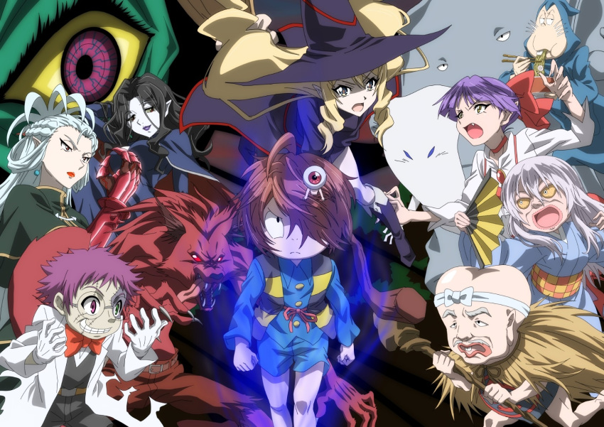 aura blackbeard character_request commentary_request fan folding_fan food gegege_no_kitarou hat highres kitarou nekomusume nekomusume_(gegege_no_kitarou_6) noodles nori_gutchin ramen vampire werewolf witch witch_hat