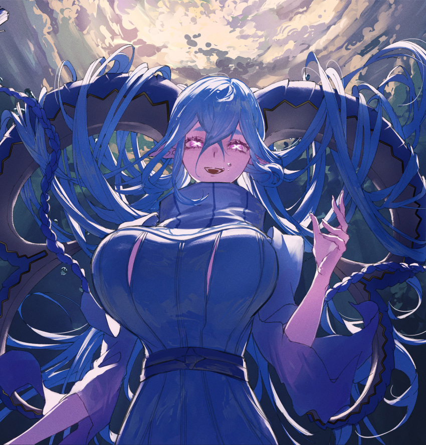 1girl air_bubble backlighting belt blue_dress blue_hair braid breasts bubble commentary crossed_bangs curled_horns dress fate/grand_order fate_(series) from_below hair_between_eyes hair_on_horn hand_up high_collar highres horns huge_breasts juliet_sleeves large_horns larva_tiamat_(fate) larva_tiamat_(third_ascension)_(fate) long_hair long_horns long_sleeves looking_at_viewer looking_down open_mouth outdoors pink_eyes pointy_ears puffy_sleeves ribbed_dress sleeves_past_elbows smile solo symbol-shaped_pupils teeth tiamat_(fate) upper_teeth_only x-shaped_pupils zuraa_(naunau_seijin)