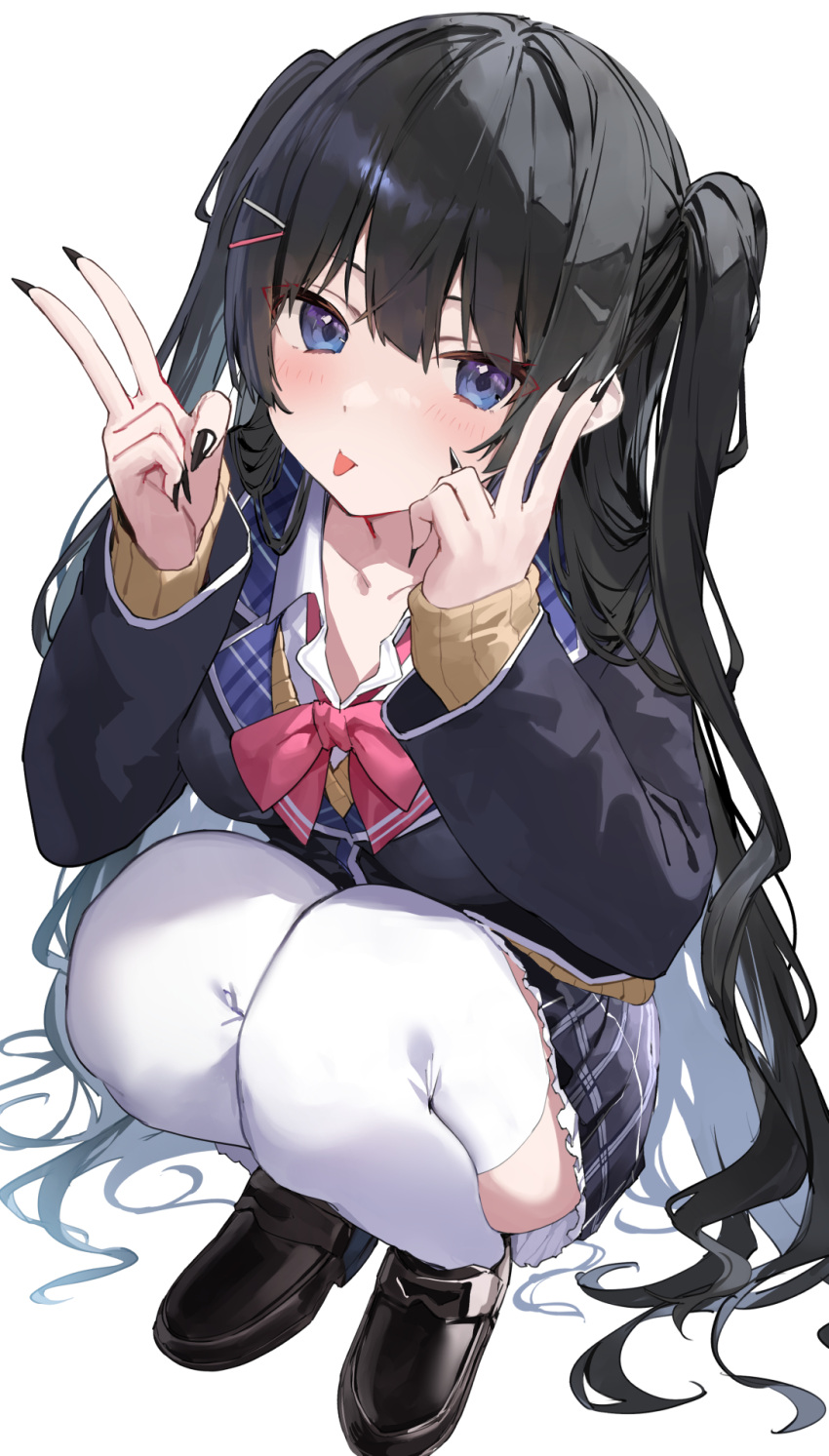 1girl amagasa_yun black_footwear black_hair black_jacket black_nails black_skirt blazer blue_eyes bow bowtie breasts brown_sweater collared_shirt double_v fingernails frilled_skirt frills hair_ornament hairclip hands_up highres jacket loafers long_hair looking_at_viewer miniskirt nail_polish nijisanji plaid plaid_skirt pleated_skirt school_uniform sharp_fingernails shirt shoes simple_background skirt small_breasts solo squatting sweater sweater_under_jacket thighhighs tongue tongue_out tsukino_mito two_side_up undershirt v very_long_hair virtual_youtuber white_background white_shirt white_thighhighs wing_collar