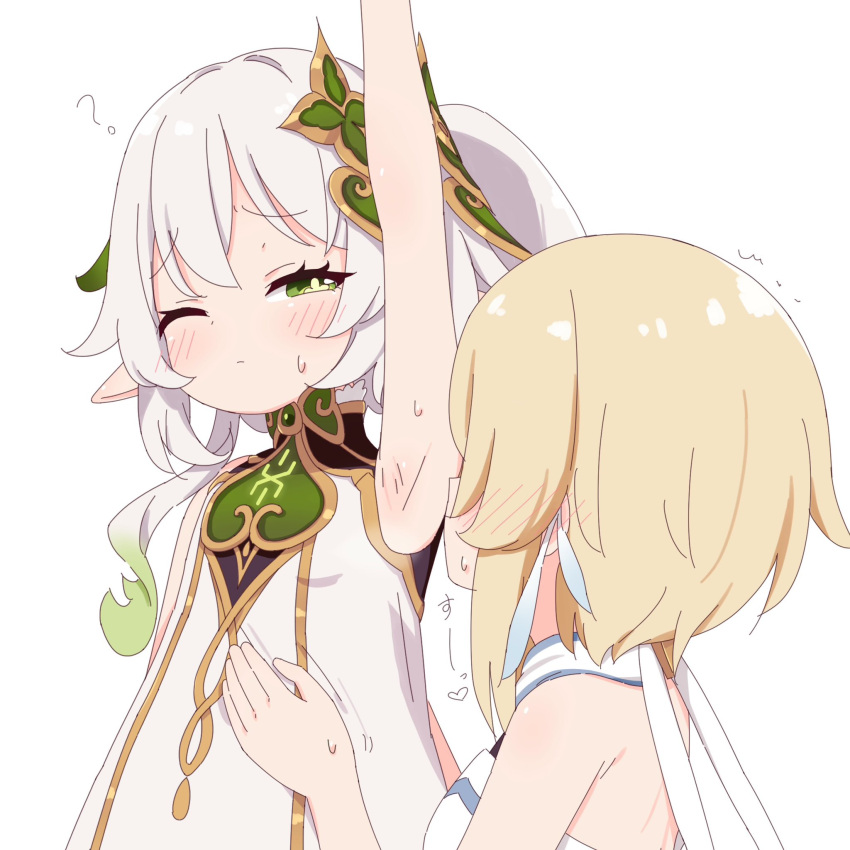 2girls ? arm_up armpit_focus armpits azbchan1221 bare_arms bare_shoulders blonde_hair blush closed_mouth dress ear_blush genshin_impact gradient_hair green_eyes green_hair hair_between_eyes half-closed_eye heart highres long_hair lumine_(genshin_impact) multicolored_hair multiple_girls nahida_(genshin_impact) one_eye_closed pointy_ears presenting_armpit short_hair sidelocks simple_background sleeveless sleeveless_dress smelling_armpit sound_effects sweat sweatdrop symbol-shaped_pupils upper_body white_background white_dress white_hair yuri