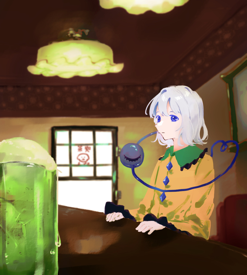 1girl absurdres alternate_hair_color armchair blue_eyes blue_gemstone blurry blurry_background bob_cut cafe ceiling_light chair closed_mouth condensation cream_soda day diamond_(shape) expressionless eyelashes frilled_shirt_collar frilled_sleeves frills gem glass highres ice ice_cube indoors komeiji_koishi long_sleeves looking_at_viewer s_u_d shirt sitting solo sunlight table third_eye touhou upper_body white_hair window yellow_shirt