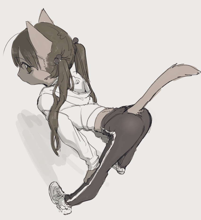 1girl 3yo4yo5yo akane_(3yo4yo5yo) animal_ears ass bent_over brown_hair cat_ears cat_girl cat_tail dark_skin furry highres hood hoodie original pants simple_background tail track_pants twintails white_background