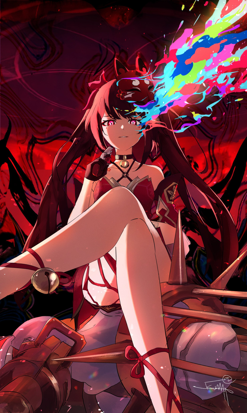 1girl absurdres bare_shoulders bell black_choker brown_hair choker crossed_legs dress feet_out_of_frame fox_mask grin gun gun_to_head highres holding holding_gun holding_weapon honkai:_star_rail honkai_(series) kumah_dessu long_hair looking_at_viewer mask mask_on_head neck_bell parted_lips pink_eyes red_dress sidelocks signature sleeveless sleeveless_dress smile snubnosed_revolver solo sparkle_(honkai:_star_rail) straight-on twintails weapon