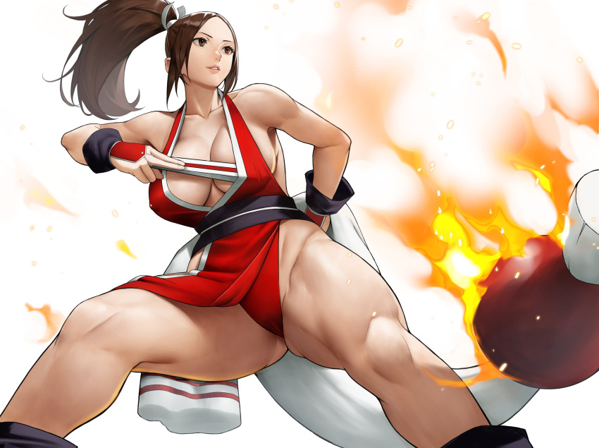 1girl absurdres bare_shoulders breasts brown_eyes brown_hair cleavage collarbone fatal_fury fingernails fire folded_fan folding_fan hair_ornament hand_fan high_ponytail highleg highleg_panties highres holding japanese_clothes large_breasts lips long_hair ninja panties parted_bangs parted_lips pelvic_curtain ponytail red_panties revealing_clothes shiranui_mai sleeveless solo the_king_of_fighters thighs underwear white_background yoshio_(55level)