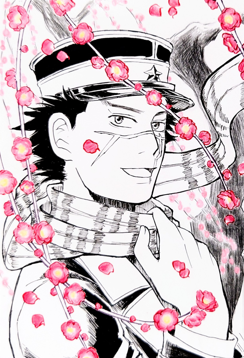 1boy birthday floating_clothes flower golden_kamuy greyscale happy hat highres kepi male_focus military_hat monochrome nekozane_n pink_flower scar scar_on_cheek scar_on_face scar_on_nose short_hair smile solo spot_color sugimoto_saichi upper_body