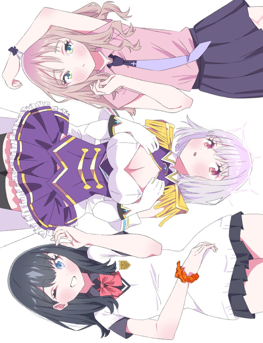 3girls black_hair black_skirt blue_eyes blush bow breasts brown_hair cleavage epaulettes frills gloves green_eyes gridman_universe gridman_universe_(film) highres large_breasts long_hair looking_at_viewer minami_yume multiple_girls one_eye_closed open_mouth orange_scrunchie pleated_skirt purple_hair purple_skirt red_bow red_eyes school_uniform scrunchie shinjou_akane shinjou_akane_(new_order) shirt sho_(shoshos_8888) short_hair skirt smile takarada_rikka thighhighs thighs white_gloves wrist_scrunchie