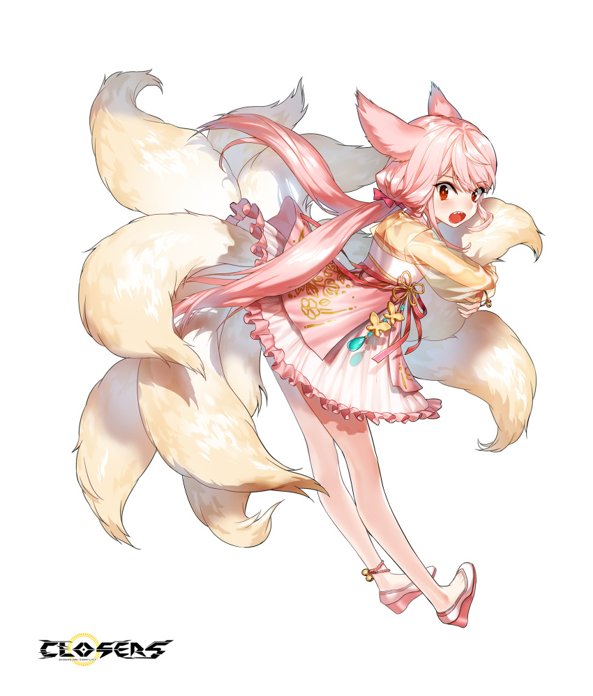 1girl :o alternate_hair_color animal_ears ankle_bell bow cleavage_cutout closers clothing_cutout copyright_name dress fox_ears fox_girl fox_tail frilled_dress frills from_side full_body hair_bow high_heels highres hugging_own_tail hugging_tail kitsune kyuubi layered_dress leaning_forward long_hair long_sleeves looking_at_viewer looking_to_the_side low_twintails multiple_tails official_art open_mouth pink_bow pink_dress pink_hair red_eyes see-through see-through_sleeves seth_(closers) sharp_teeth solo standing tachi-e tail teeth twintails two-tone_dress very_long_hair wedge_heels white_background white_footwear yellow_dress yellow_sleeves yellow_tail