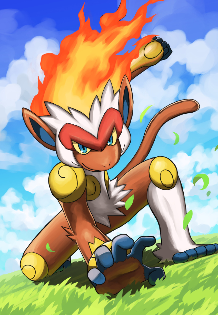 blue_eyes blue_sky closed_mouth cloud colored_sclera commentary_request fiery_hair highres infernape jira_(ziraiya26) monkey pokemon pokemon_(creature) sky smile tail yellow_sclera