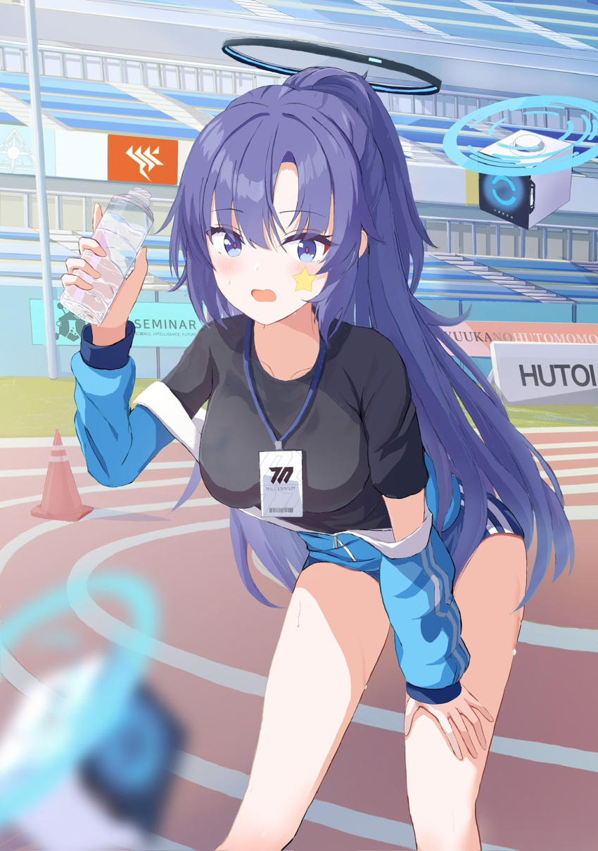 1girl black_shirt blue_archive blue_buruma blue_jacket bottle buruma drone gym_shirt gym_uniform halo hashtag-only_commentary highres id_card jacket jacket_partially_removed lanyard mechanical_halo official_alternate_costume partially_unzipped shirt solo star_sticker sticker_on_face track_and_field track_jacket water_bottle yuso_mrk315 yuuka_(blue_archive) yuuka_(track)_(blue_archive)