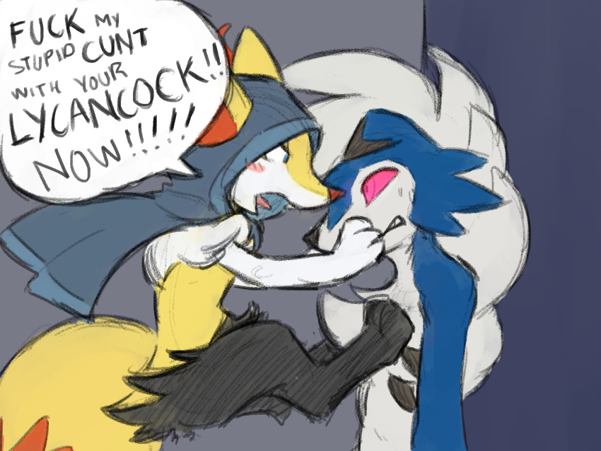 anthro biped black_body black_fur blue_body blue_fur blush braixen dialogue female fur generation_6_pokemon generation_7_pokemon lycanroc male midnight_lycanroc nintendo pokemon pokemon_(species) red_eyes sealer4258 speech_bubble white_body white_fur yellow_body yellow_fur