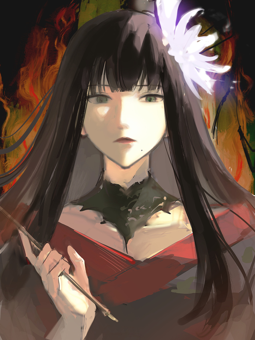 1girl abstract_background black_collar black_hair black_kimono blunt_bangs collar expressionless final_fantasy final_fantasy_xiv fire flower glowing_flower green_eyes hair_flower hair_ornament hair_stick hand_up highres holding holding_smoking_pipe hyur japanese_clothes kimono kiseru long_hair looking_at_viewer mole mole_under_mouth no_lineart painterly pale_skin portrait red_lips red_trim second_(byou) sketch smoking_pipe solo straight-on straight_hair yotsuyu_goe_brutus