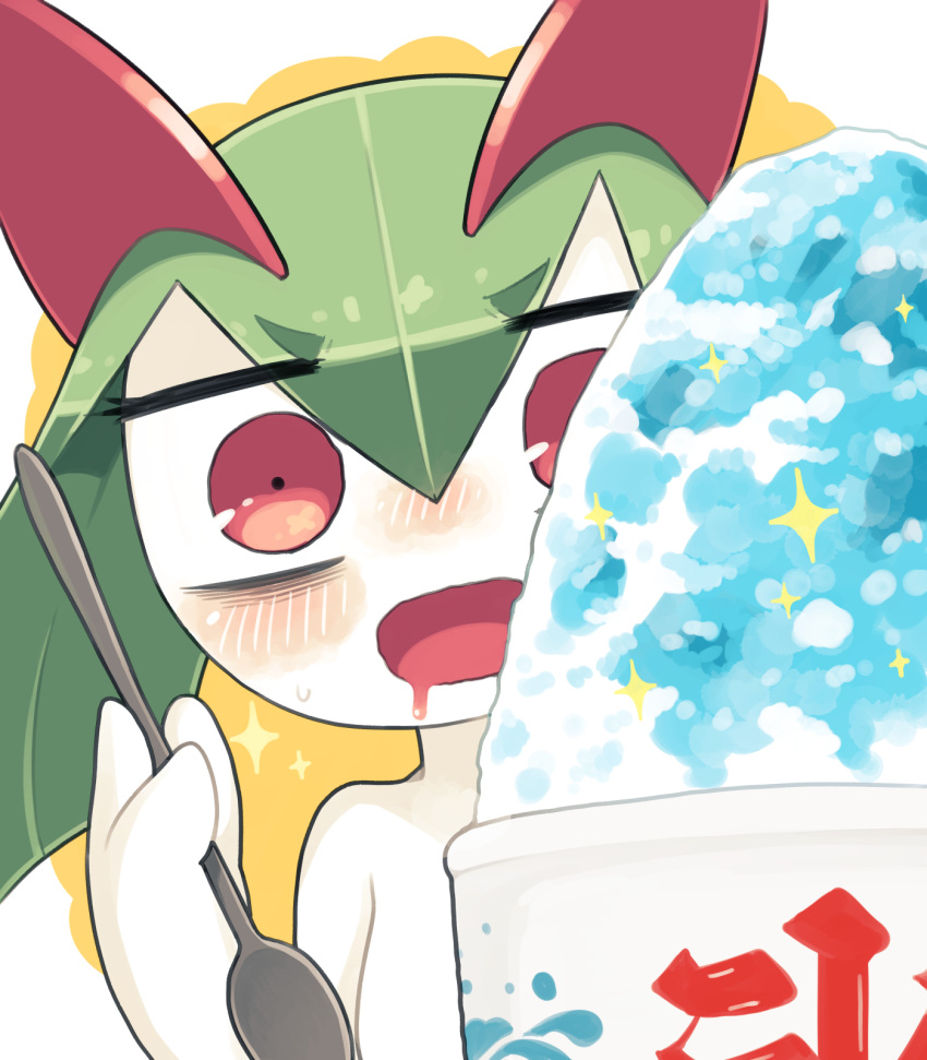 bags_under_eyes colored_skin food green_hair highres holding holding_spoon horns ice_cream ino_(tellu0120) kirlia open_mouth pink_eyes pokemon pokemon_(creature) sidelocks simple_background sparkle spoon sweatdrop white_skin