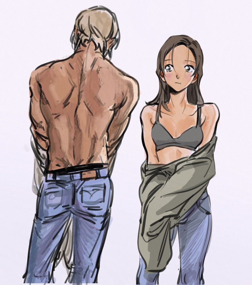 1boy 1girl amuro_tooru back blonde_hair blue_eyes blush bra brown_hair commentary_request cowboy_shot denim enomoto_azusa grey_bra highres jeans long_hair looking_to_the_side masso meitantei_conan pants short_hair simple_background topless_male underwear undressing white_background