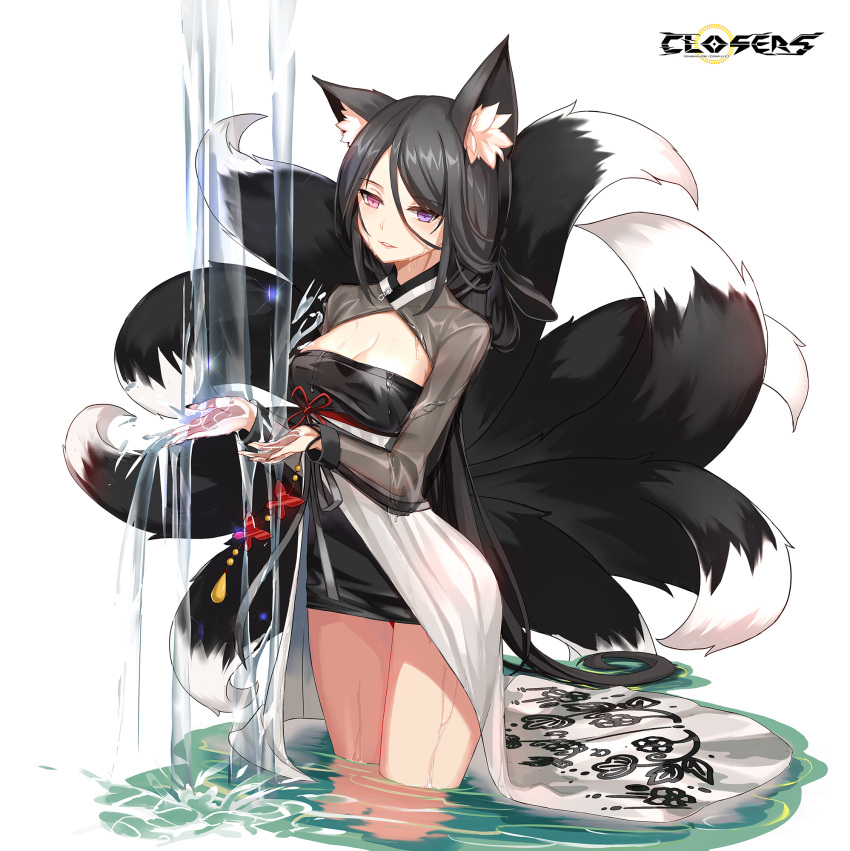 1girl alternate_hair_color animal_ear_fluff animal_ears bai_winchester black_dress black_hair black_sleeves black_tail breasts cleavage cleavage_cutout closers clothing_cutout copyright_name cowboy_shot dress fox_ears fox_girl fox_tail heterochromia highres kitsune kyuubi large_breasts layered_dress logo long_hair long_sleeves looking_down low_ponytail multiple_tails official_art parted_lips pink_eyes purple_eyes see-through see-through_sleeves solo standing tail two-tone_dress very_long_hair wading washing_hands water waterfall wet wet_clothes white_background white_dress