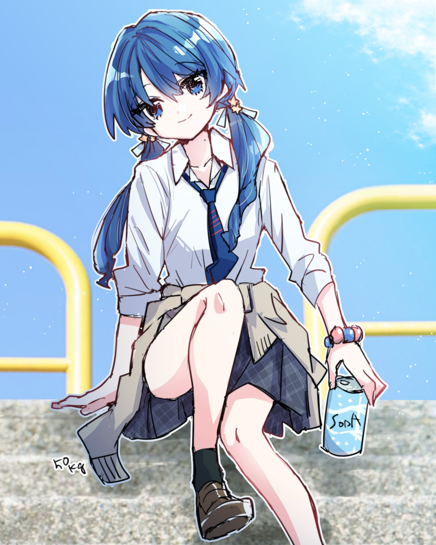 1girl bead_bracelet beads black_skirt black_socks blue_eyes blue_hair blue_necktie blue_ribbon blue_sky bracelet brown_cardigan brown_footwear can cardigan cardigan_around_waist clothes_around_waist collarbone collared_shirt commentary dark_blue_hair drink_can gyaru hair_ornament hair_ribbon head_tilt highres holding holding_can jewelry kanduki_kamibukuro knee_up link!_like!_love_live! loafers long_hair long_sleeves love_live! low_twintails miniskirt murano_sayaka necktie outline plaid plaid_skirt pleated_skirt railing ribbon school_uniform shirt shoes sitting skirt sky sleeves_rolled_up smile socks soda_can solo star_(symbol) star_hair_ornament twintails white_outline white_shirt