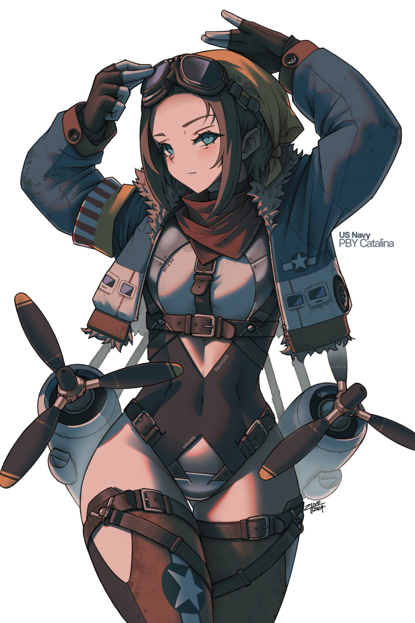 1girl absurdres aircraft airplane black_gloves blue_eyes blue_jacket brown_hair brown_hat commission fingerless_gloves gloves highres jacket looking_at_viewer mecha_musume navel original pby_catalina personification propeller solo stomach thighs united_states_navy white_background zhvo