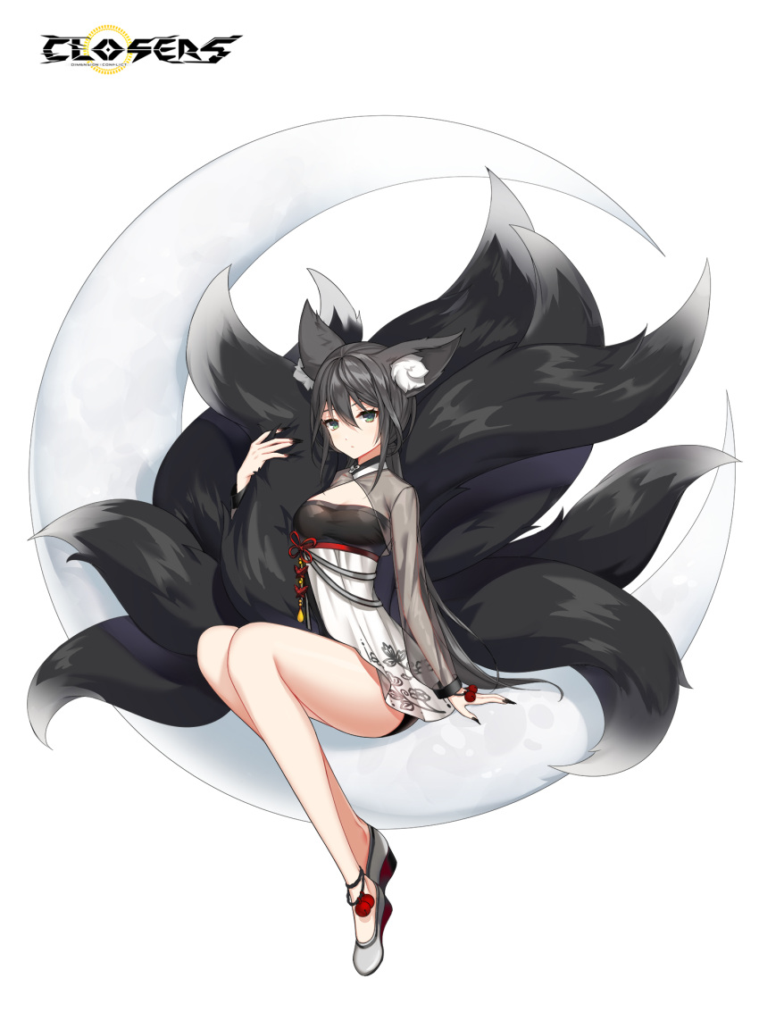 1girl alternate_hair_color animal_ear_fluff animal_ears ankle_bell arm_support black_dress black_footwear black_hair black_panties black_sleeves black_tail cleavage_cutout closers clothing_cutout copyright_name crescent dot_mouth dress eunha_(closers) expressionless fingernails fox_ears fox_girl fox_tail full_body green_eyes hand_up high_heels highres holding_own_tail kitsune kyuubi layered_dress logo long_fingernails long_hair long_sleeves looking_at_viewer low_twintails multiple_tails official_art on_crescent panties pantyshot see-through see-through_sleeves sitting solo tail twintails two-tone_dress underwear wedge_heels white_background white_dress