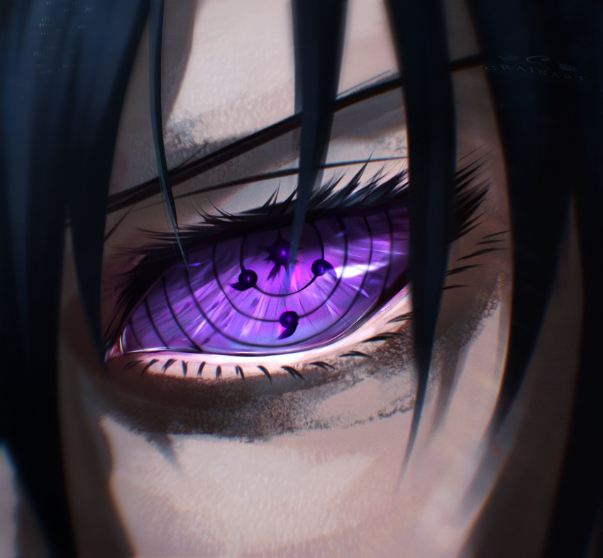 1boy absurdres black_hair close-up crain1art eye_focus eyelashes highres looking_at_viewer male_focus naruto_(series) naruto_shippuuden purple_eyes rinne_sharingan rinnegan solo uchiha_sasuke