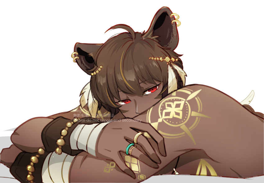 1boy ahoge animal_ears arm_wrap brown_hair commentary_request dark-skinned_male dark_skin dog_boy dog_ears feather_hair_ornament feathers gold hair_ornament highres jewelry looking_at_viewer lying mahjong_soul male_focus medium_bangs meg_(user_xszk7724) musa_(mahjong_soul) on_stomach red_eyes ring short_hair shoulder_tattoo simple_background solo tattoo upper_body white_background