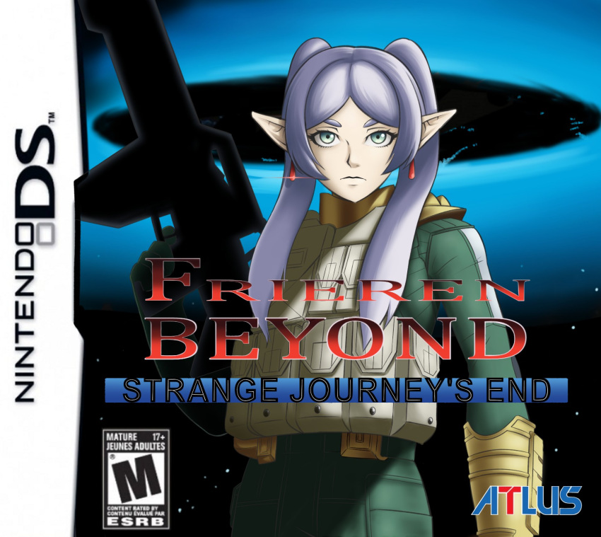 armor box_art cover demonica ememtrp energy_gun english_commentary fake_box_art frieren highres megami_tensei meme pale_skin ray_gun shin_megami_tensei shin_megami_tensei:_strange_journey sousou_no_frieren video_game_cover weapon