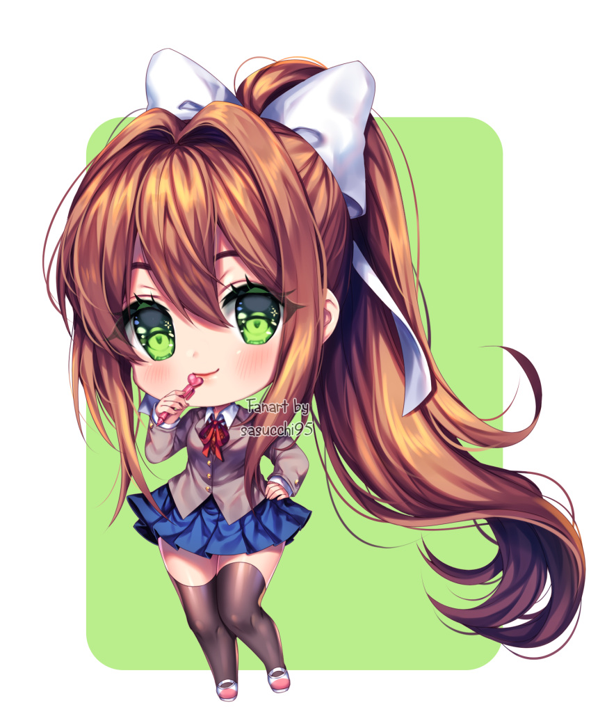 1girl artist_name black_thighhighs blazer blue_skirt blush bow brown_hair brown_jacket buttons chibi chibi_only closed_mouth collared_shirt colored_eyelashes doki_doki_literature_club full_body green_background green_eyes hair_between_eyes hair_bow hand_on_own_hip high_ponytail highres holding holding_pen jacket knees_together_feet_apart long_hair long_sleeves looking_at_viewer monika_(doki_doki_literature_club) neck_ribbon pen pink_footwear red_ribbon ribbon sasucchi95 shirt skirt smile solo standing thighhighs transparent_background two-tone_footwear very_long_hair white_bow white_footwear white_shirt