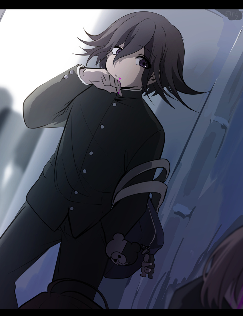 1boy 345_myk absurdres backpack bag black_hair black_jacket black_pants blood blood_from_mouth buttons danganronpa_(series) danganronpa_v3:_killing_harmony dutch_angle flipped_hair hair_between_eyes highres jacket medium_hair monokuma official_alternate_costume oma_kokichi pants pink_blood solo_focus wiping_blood