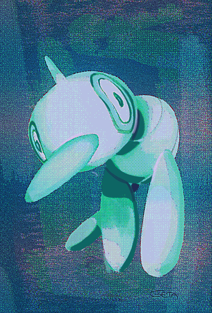 01coil commentary full_body green_theme highres looking_at_viewer monochrome no_humans pokemon pokemon_(creature) porygon-z simple_background solo symbol-only_commentary