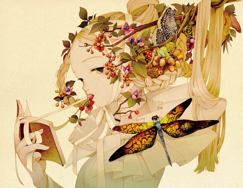 blonde_hair book braids brown_eyes food fruit kuon_no_mori leaves long_hair ribbons tsurimaki_nodoka