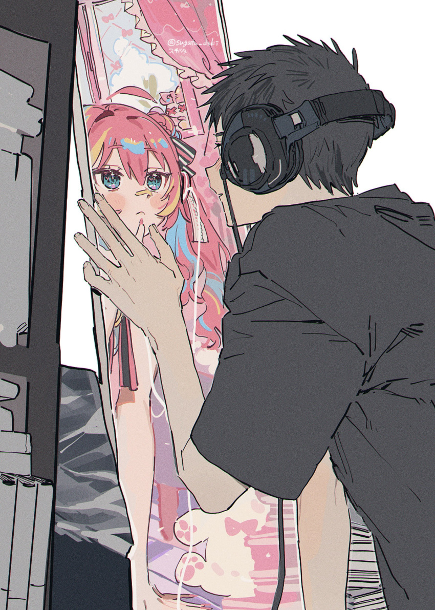 1boy 1girl absurdres aqua_eyes black_hair black_shirt blush eye_contact from_side hair_ribbon hand_on_floor hand_on_mirror headphones highres leaning_forward looking_at_another looking_at_mirror male_focus mirror original parted_lips pink_hair reflection ribbon shirt short_sleeves sugata_dski upper_body