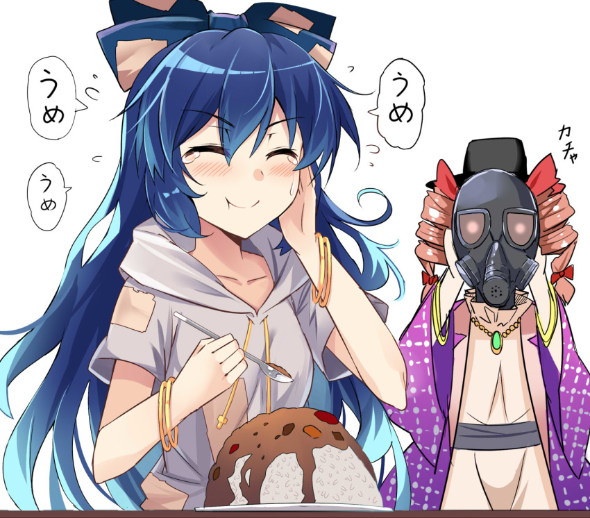 2girls :t ^_^ bangle bangs belt black_belt black_headwear blue_bow blue_hair blush bow bracelet breasts closed_eyes coat commentary_request curry debt drawstring dress drill_hair e.o. eyebrows_visible_through_hair facing_viewer food gas_mask grey_hoodie hair_bow hand_on_own_cheek hand_up hands_up hat highres holding holding_spoon hood hoodie jewelry long_hair medium_breasts multiple_girls open_clothes open_coat pendant purple_coat red_bow rice short_sleeves siblings simple_background sisters speech_bubble spoon sweat top_hat touhou translation_request twin_drills twintails upper_body v-shaped_eyebrows very_long_hair white_background white_dress yorigami_jo'on yorigami_shion