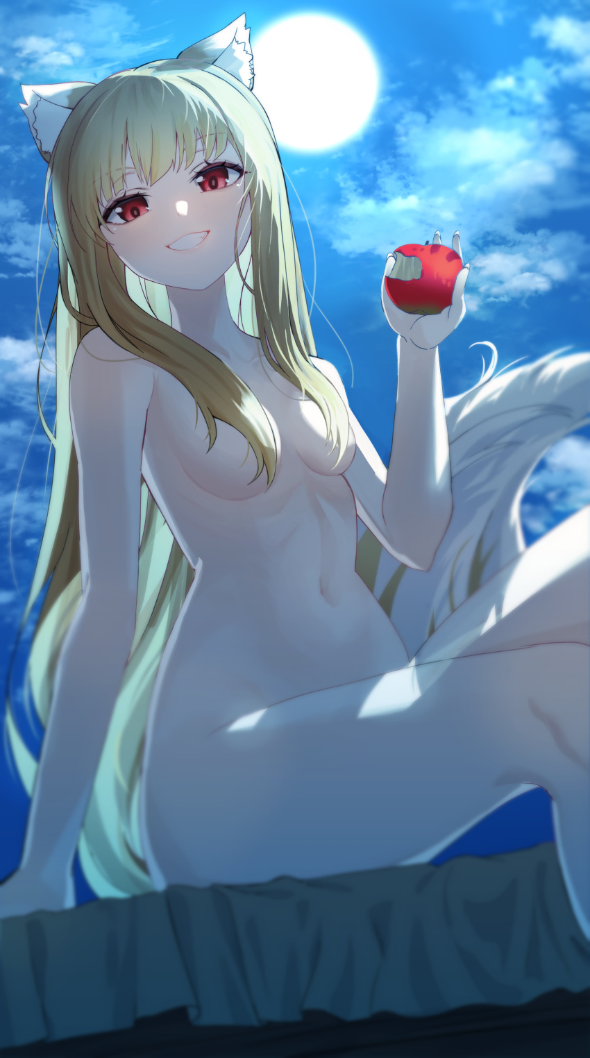 1girl absurdres animal_ear_fluff animal_ears apple arm_support breasts brown_hair cloud cloudy_sky commentary completely_nude food food_bite fruit full_moon grin hair_over_breasts highres holding holding_food holding_fruit holo leegh19769 long_hair looking_at_viewer medium_breasts moon navel night nude outdoors red_eyes sitting sky smile solo spice_and_wolf stomach tail very_long_hair wolf_ears wolf_girl wolf_tail