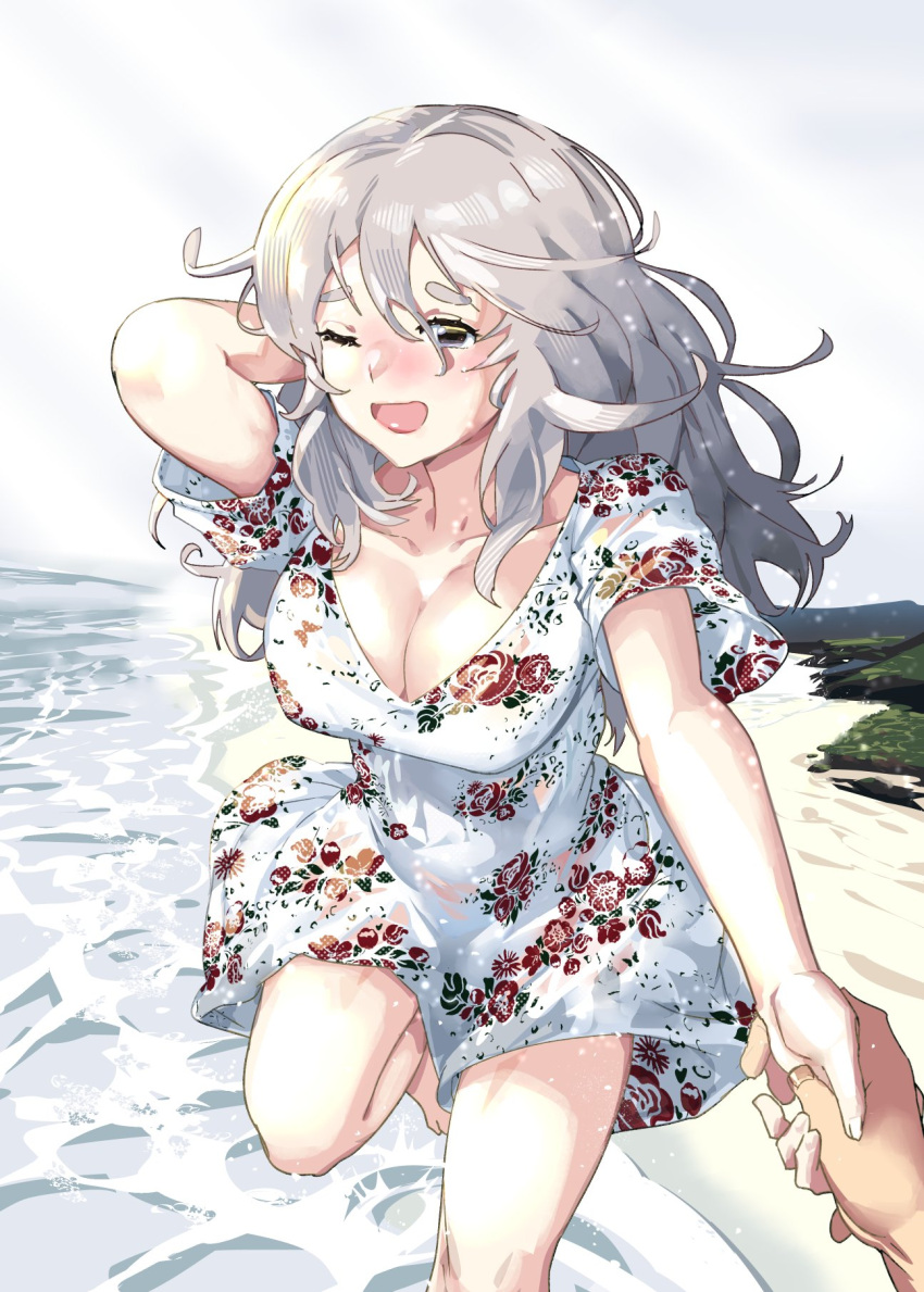 1boy 1girl alternate_costume beach blush breasts brown_eyes cleavage day dress drunk floral_print grey_hair hair_between_eyes hat highres igarashi_mangou kantai_collection large_breasts long_hair one_eye_closed open_mouth out_of_frame pola_(kancolle) rose_print running sand smile thick_eyebrows water wavy_hair white_dress