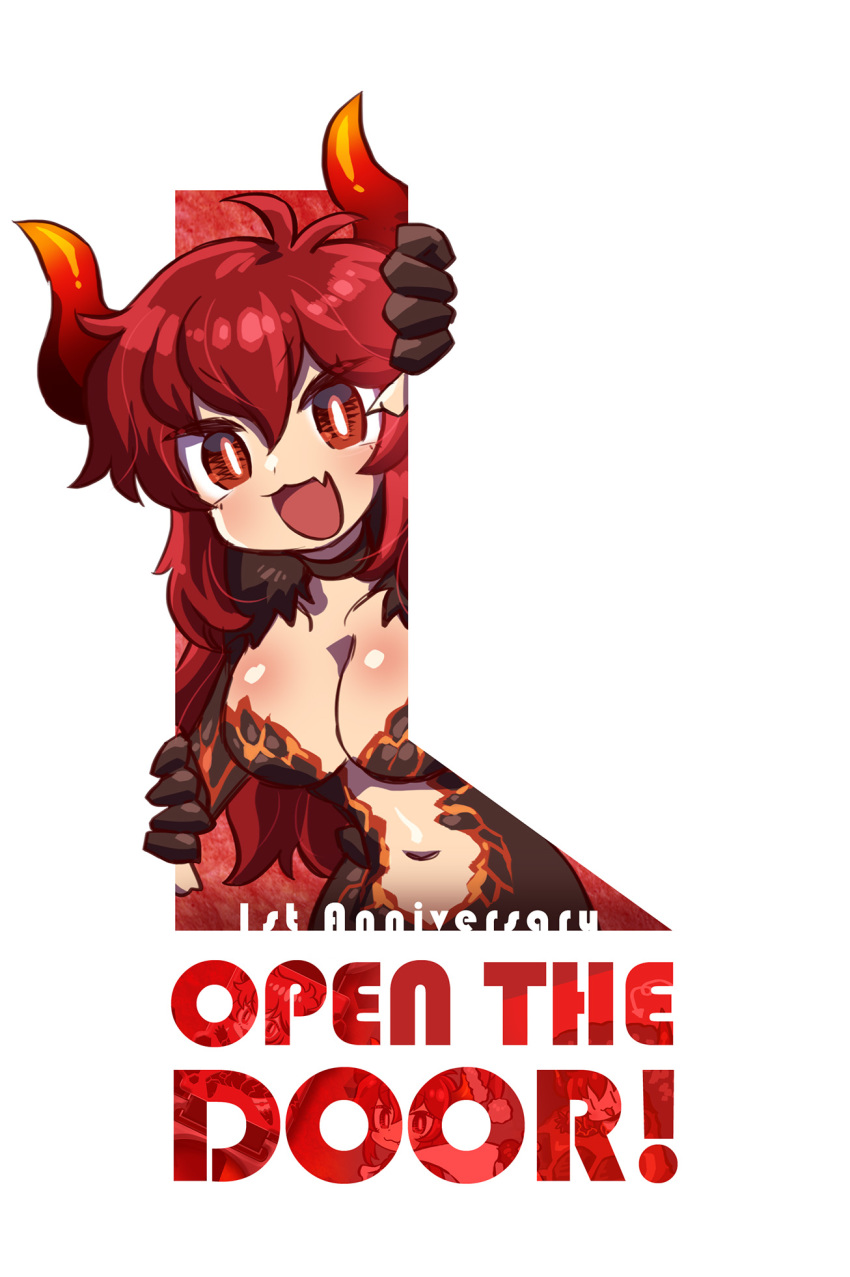 1girl :d breasts chaki_(teasets) cleavage commentary dola_(nijisanji) english_text eyebrows_visible_through_hair fang hair_between_eyes highres horns long_hair looking_at_viewer navel nijisanji open_mouth red_eyes red_hair revealing_clothes smile solo