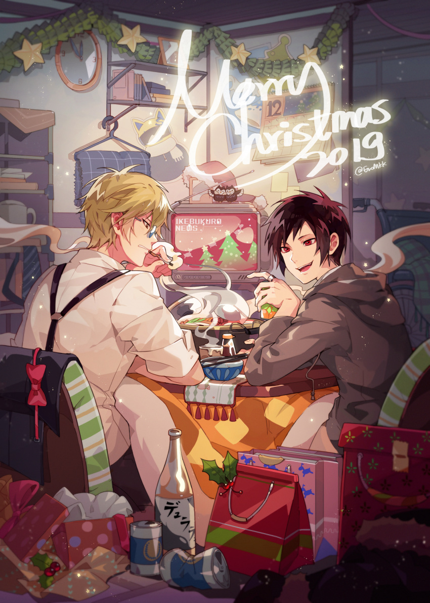 2boys absurdres bag black_hair blonde_hair bottle bowl box can chinese_commentary chopsticks christmas cigarette clenched_teeth clothes_hanger collared_shirt commentary_request drawstring durarara!! elbow_rest eromkk from_side gift gift_bag gift_box glasses grey_hoodie hat heiwajima_shizuo highres holding holding_can hood hood_down hoodie indoors jewelry kotatsu looking_at_another male_focus merry_christmas mistletoe multiple_boys nabe open_mouth orihara_izaya red_eyes ring round_eyewear sake_bottle santa_hat shelf shirt short_hair signature sitting smile smoking star_ornament steam suspenders table teeth television towel unworn_hat unworn_headwear white_shirt