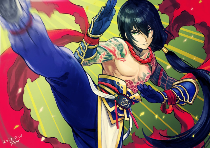 1boy arm_tattoo black_hair blue_pants closed_mouth dated dragon_tattoo fate/grand_order fate_(series) flower_tattoo fon-due_(fonfon) gauntlets green_background green_eyes hair_between_eyes jewelry kicking leg_up long_hair looking_at_viewer male_focus motion_blur necklace pants pectorals signature solo tattoo toned toned_male topless_male very_long_hair yan_qing_(fate)