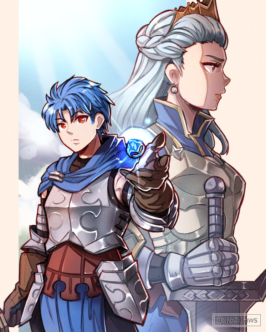 1boy 1girl alain_(unicorn_overlord) armor blue_cape blue_hair blue_sky brown_gloves cape closed_mouth cloud commentary crown earrings english_commentary faulds gauntlets gloves glowing gzei highres ilenia_(unicorn_overlord) jewelry long_hair looking_ahead queen red_eyes short_hair sky sphere_earrings sunlight unicorn_overlord