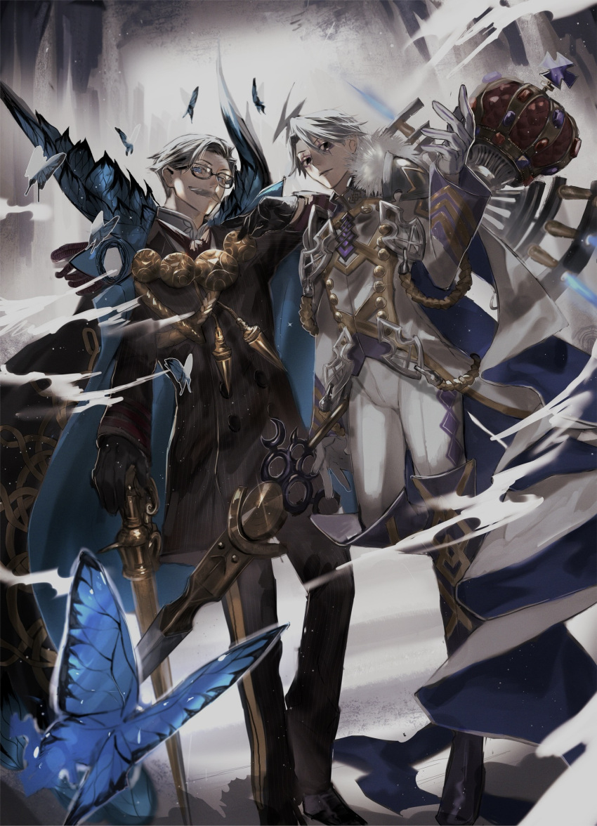 2boys black_eyes black_gloves blue_eyes boots bug butterfly cane crown facial_hair fate/grand_order fate_(series) glasses gloves grey_hair highres james_moriarty_(archer)_(fate) james_moriarty_(ruler)_(fate) lightning_ahoge male_focus multiple_boys mustache ou_syoku7 striped_suit suit white_gloves