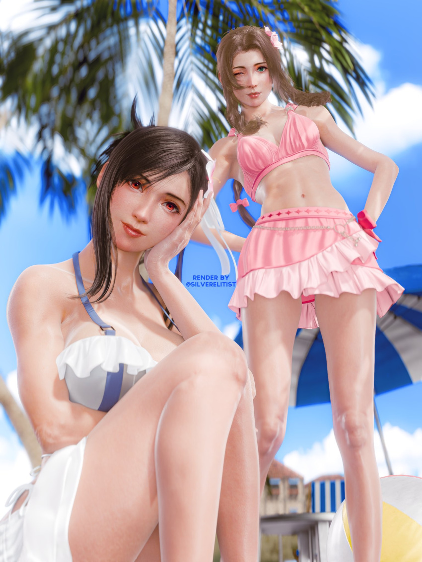 aerith_gainsborough aerith_gainsborough_(pink_mermaid) beach beach_umbrella bikini bikini_skirt black_hair breasts brown_eyes brown_hair final_fantasy final_fantasy_vii final_fantasy_vii_rebirth final_fantasy_vii_remake flower frilled_bikini frilled_bikini_top frills green_eyes hair_flower hair_ornament highres large_breasts medium_breasts microskirt official_alternate_costume official_alternate_hairstyle pink_bikini silverelitist skirt swimsuit thong_bikini tifa_lockhart tifa_lockhart_(shining_spirit) umbrella white_bikini