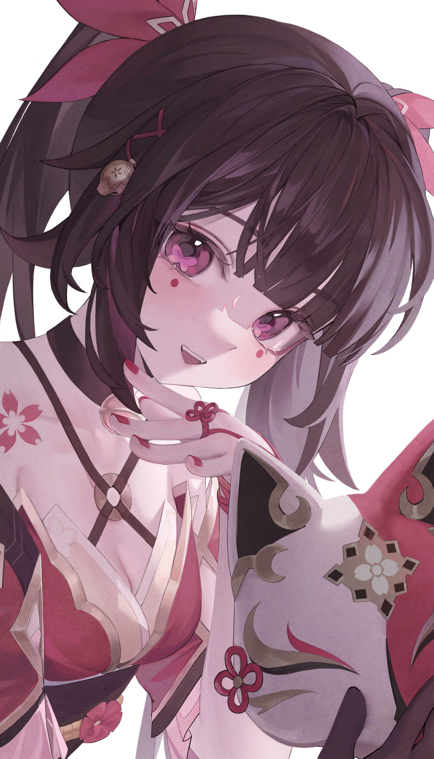 1girl absurdres bell black_choker black_gloves blush breasts brown_hair butterfly_in_eye choker cleavage collarbone criss-cross_halter dress flower_tattoo fox_mask gloves gold_trim hair_bell hair_ornament hair_ribbon halterneck hand_up highres holding holding_mask honkai:_star_rail honkai_(series) japanese_clothes kimono klakmon long_hair looking_at_viewer mask medium_breasts mole mole_under_each_eye mole_under_eye multiple_moles neck_bell off-shoulder_dress off_shoulder open_mouth pink_eyes red_kimono red_nails ribbon shoulder_tattoo sidelocks simple_background single_glove smile solo sparkle_(honkai:_star_rail) tattoo teeth thick_eyelashes twintails upper_body upper_teeth_only white_background
