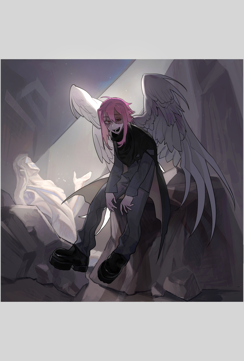 1boy absurdres black_cloak black_footwear boots cloak commentary_request feathered_wings full_body grey_background grey_jacket grey_pants hatsutori_hajime highres jacket long_hair long_sleeves looking_at_viewer male_focus on_rock open_mouth pants pink_hair red_eyes ruins saibou_shinkyoku sitting solo statue torn_clothes uneven_eyes white_wings wings yulei_yuuuuu