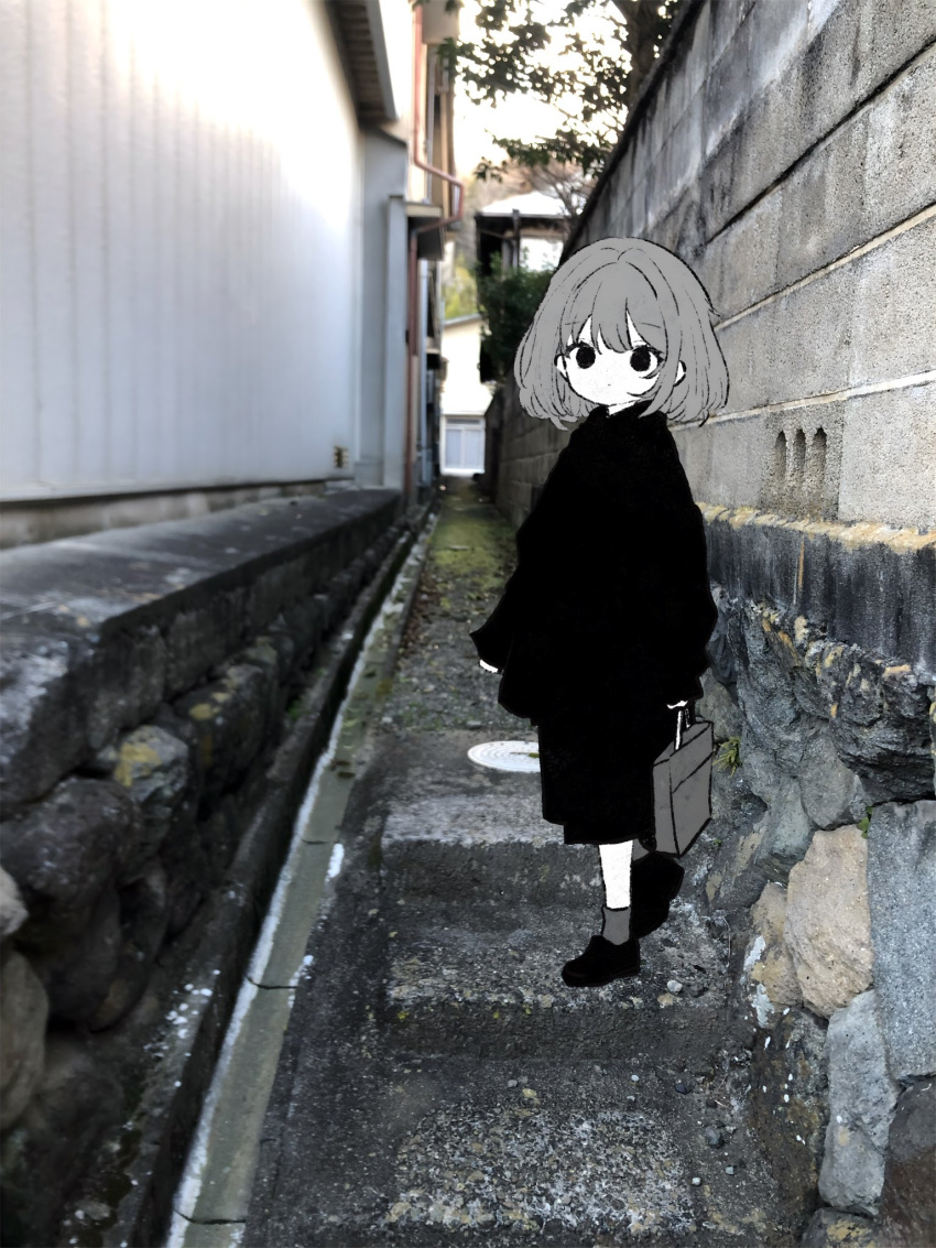 1girl bag closed_mouth commentary_request dot_mouth empty_eyes full_body greyscale_with_colored_background highres long_sleeves looking_at_viewer mochu_(aoishikabane) original outdoors photo_background shoes short_hair socks solo standing