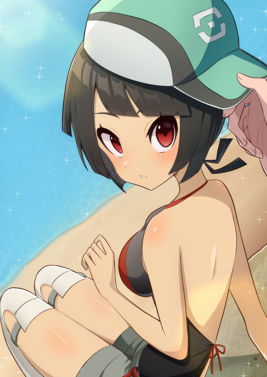 1girl absurdres back baseball_cap black_hair breasts hat highres holding holding_clothes holding_hat looking_at_viewer parted_lips pokemon pokemon_masters_ex pokemon_oras red_eyes scottie_(pokemon) short_hair shorts sideboob sitting solo_focus sparkle ssrg_srrg zinnia_(pokemon)