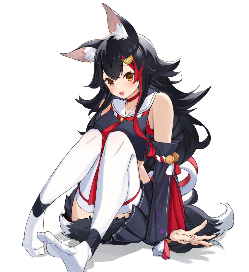 1girl absurdres animal_ear_fluff animal_ears bare_shoulders black_hair black_shirt black_skirt blush choker commentary_request crop_top detached_sleeves hair_between_eyes hair_ornament hairpin highres hololive kouhaku_nawa long_hair midriff multicolored_hair ookami_mio ookami_mio_(1st_costume) open_mouth pleated_skirt red_choker red_hair rope sailor_collar shimenawa shirt simple_background skirt smile soles solo streaked_hair tail thighhighs tntl_nemui virtual_youtuber white_background white_sailor_collar white_thighhighs wolf_ears wolf_girl wolf_tail yellow_eyes